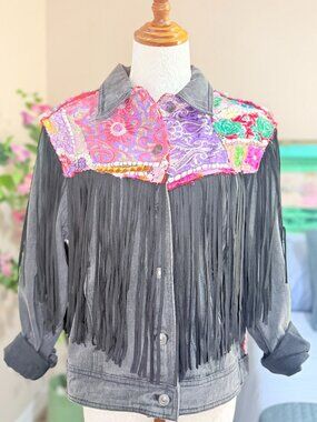 Nu Vintage Handmade Upcycled India Tapestry & Fringe Oversized Jean Jacket